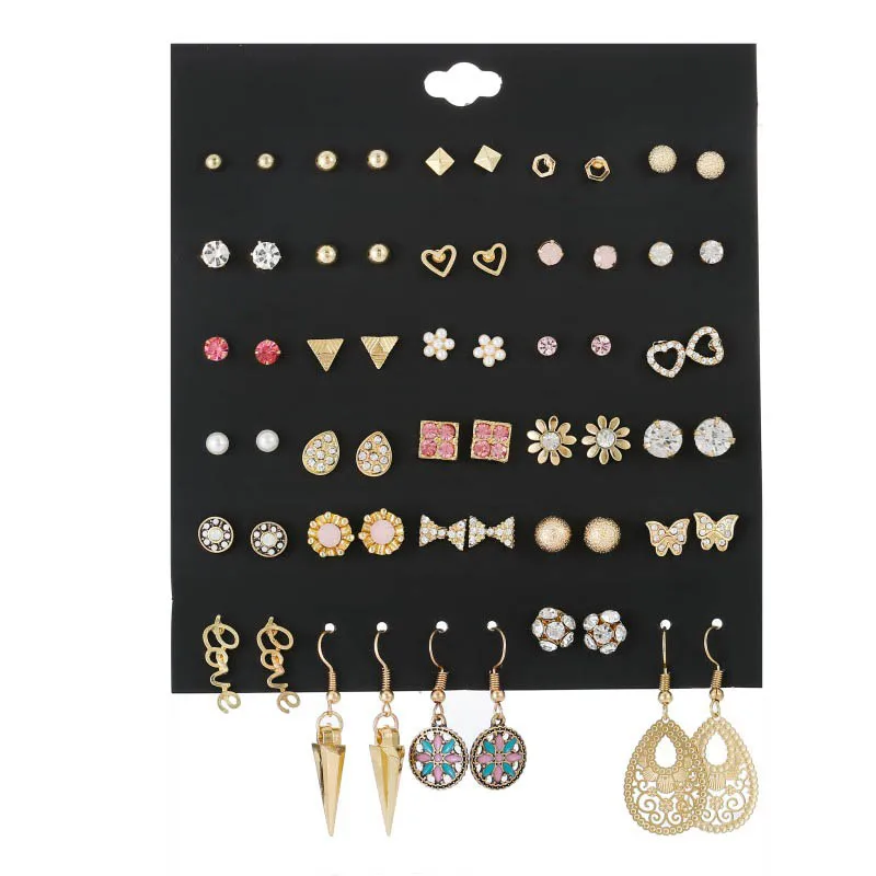 30 пар/лот винтажные богемные каплевидный кристалл смешанные наборы с сережками-гвоздиками для женщин Мода, любовь, сердце цветок вечерние ювелирные изделия подарок