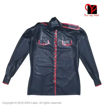 

Latex military uniform shirt buttons Front Stands collar pocket flap Rubber Top Gummi blouse Army XXXL plus size SY-042