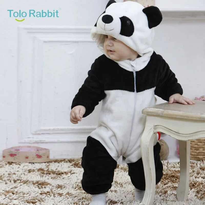 Baby Cartoon Rompers Newborn Hooded Toddler Clothing Boys Girls Minions Animal Jumpsuit Playsuit Costume Flannel Baby Rompers - Цвет: Panda