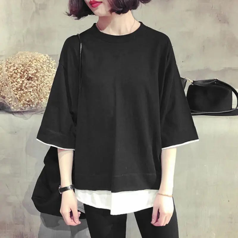 

New Style Fake 2PCS Summer New Casual Half Sleeve Loose T-Shirts Patchwork Solid Plus Size Round Neck Tee Tops