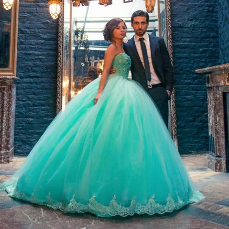 Мятно-зеленый Vestidos De Quinceanera Бисероплетение корсет без бретелей бальное платье с аппликацией длиной в Пол Пышное Платье