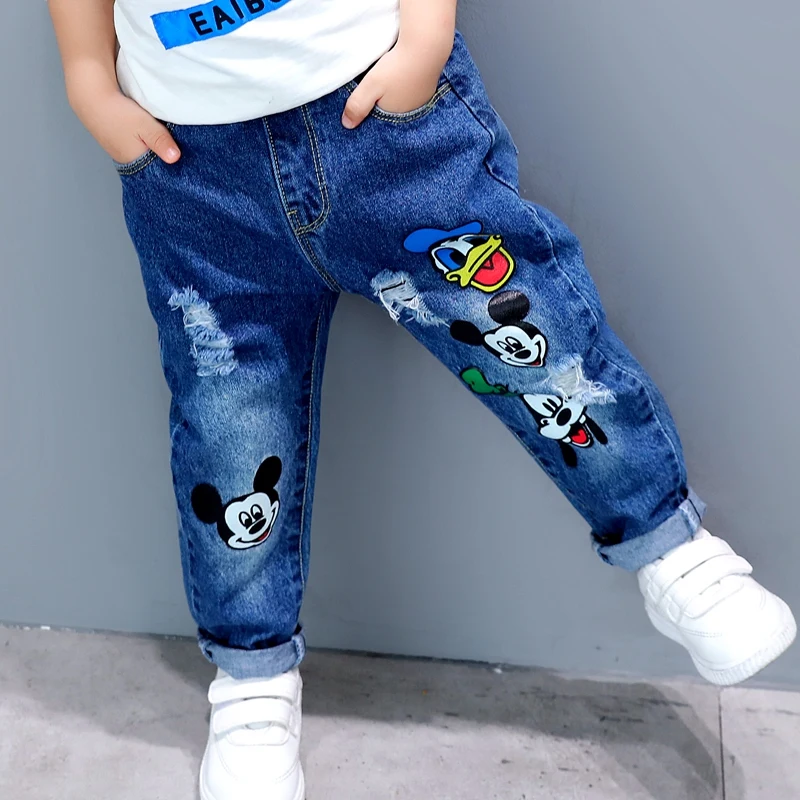 Осенние детские модные джинсы с мультипликационным принтом, подходящие ко всему брюки с принтом для мальчиков и девочек