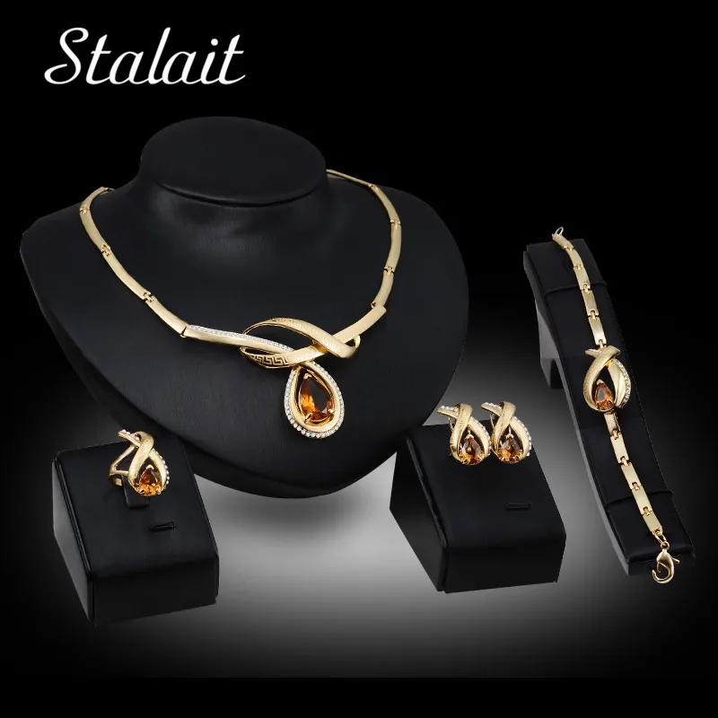

Trendy Rhinestone Water Drop Jewelry Sets Luxury Ancient Pattern Gold Color Champagne Crystal Jewelry Set