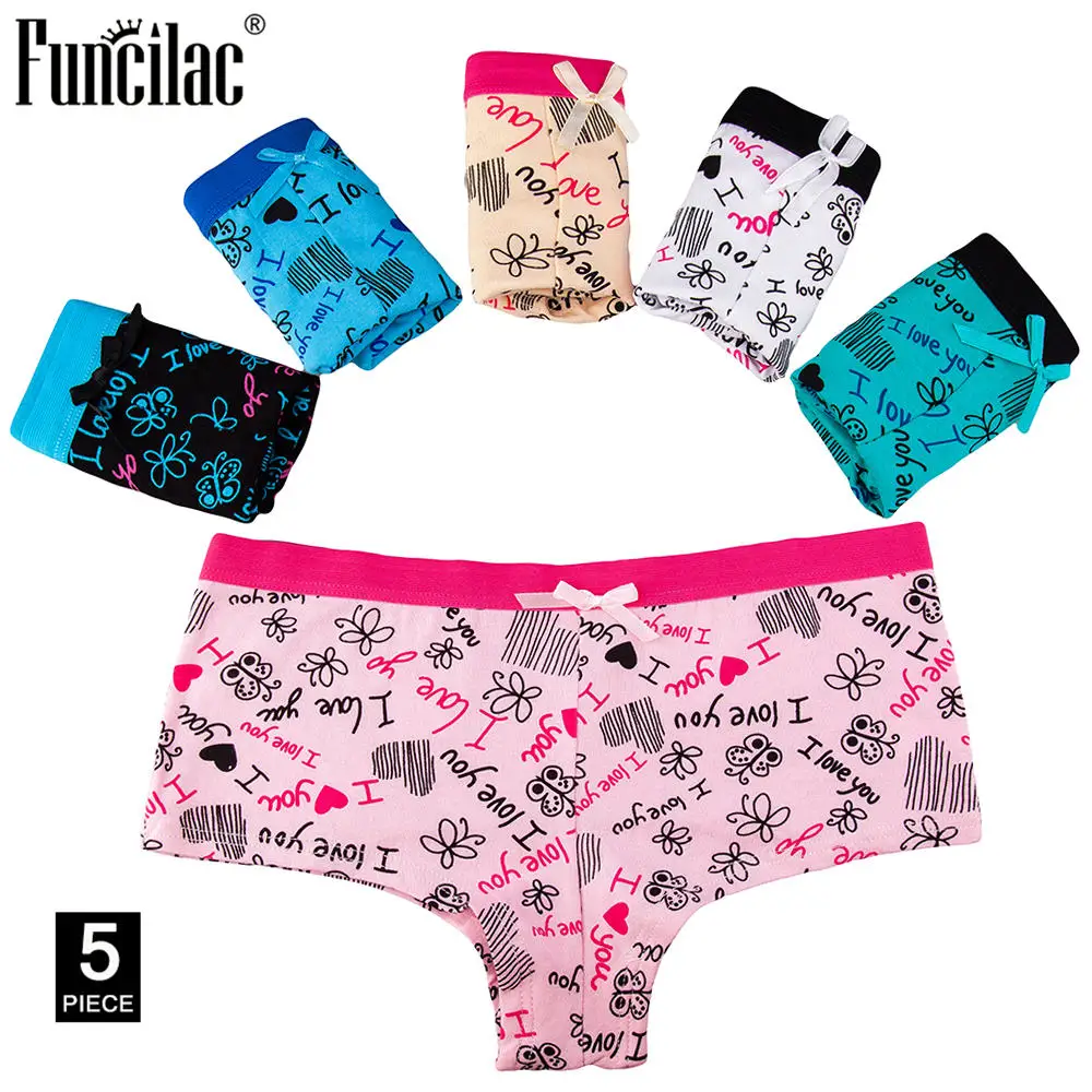 FUNCILAC боксер для женщина хлопка сексуальные трусики Kawaii дамы Boyshort ButterflyPrint нижнее белье трусы с бантом для девочек Панталоны 5 шт./лот - Цвет: multicolor-5 pcs