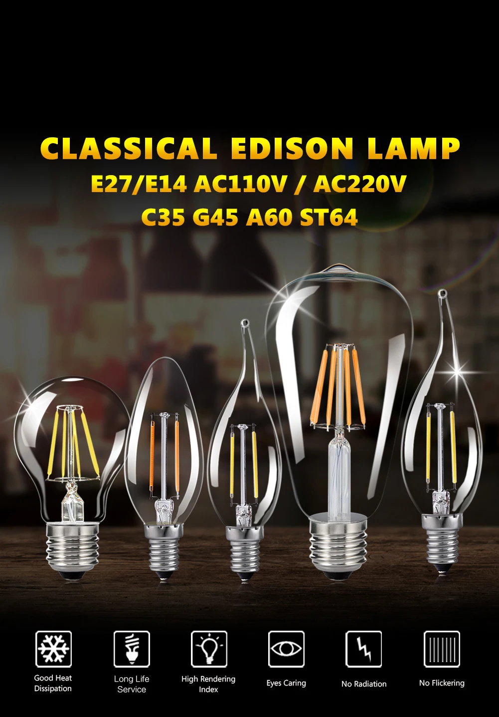 G45 A60 4 Вт 8 Вт 12 Вт 16 Вт светодиодный ламп накаливания Светильник E27 лампада светодиодный 220 В 110 В ампулы светодиодный лампы C35 ST64 E14 Античная электрическая лампочка эдисона лампа в форме свечи