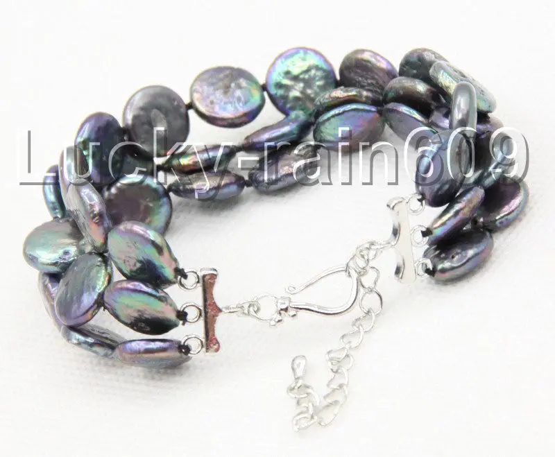 

FREE SHIPPING HOT sell new Style >>>> 7"-9.5" 3row 12mm coin fastener black pearls bracelet E8755