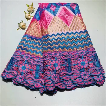 

Royal Blue Nigerian French Mesh Lace Fabrics Guipure Tulle Embroidered African Laces Fabric With Stones yellow, blue for Party