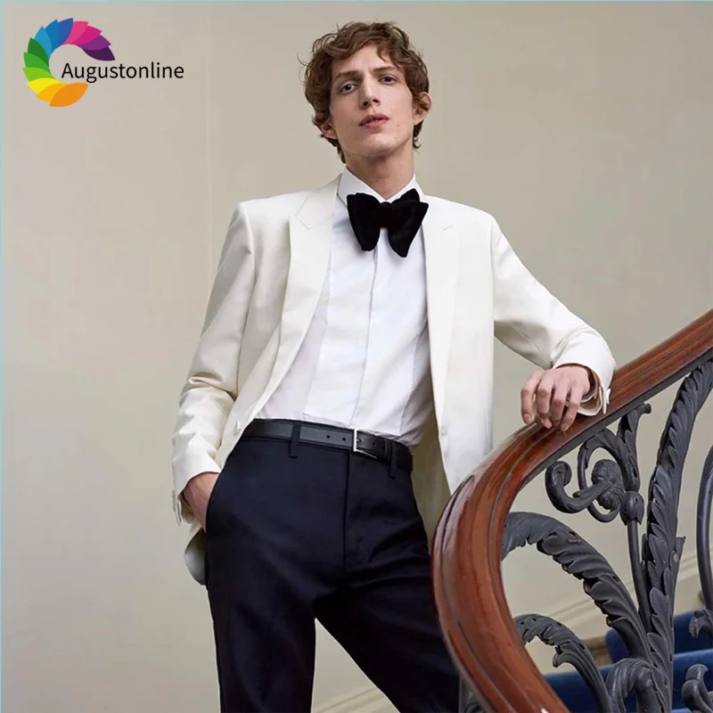 

White Slim Fit Wedding Suits for Men Groom Wear Terno Tuxedos 2 Pieces (Jacket+Pants) Peaked Lapel Groomsman Suits Costume Homme