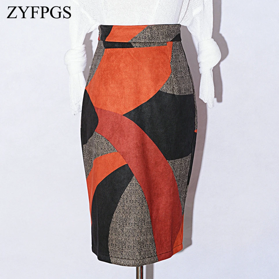 

ZYFPGS 2019 Autumn Hot Hip skirt Geometric pattern stitching Fashion Casual Female Skirt Cute Ladies Printing Pattern Z0928
