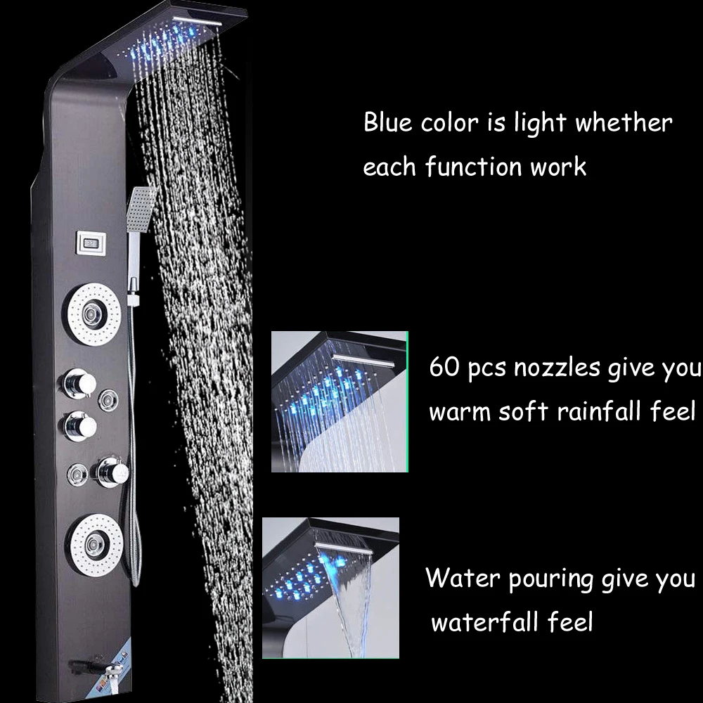 

Bathroom Shower Panel LED Head Sprayer Nickel Brushed Waterfall Shower Panel Black Column With Hand Sprayer