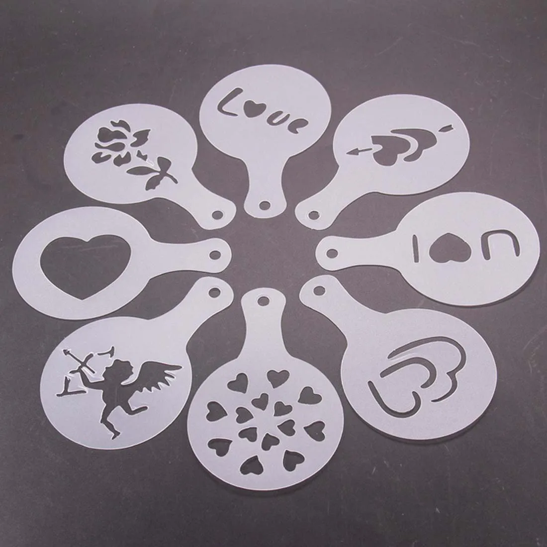 

Cartoon Heart-shaped Mold Coffee Stencils Milk Cake Dessert Cupcake Template Strew Pad Duster Spray Tools set