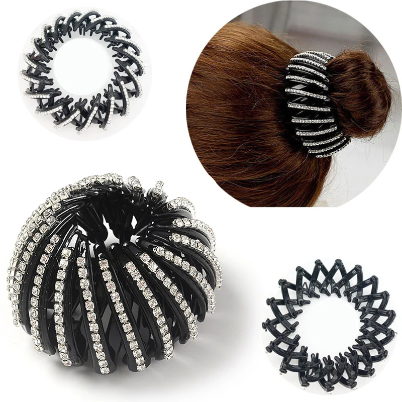 M Mism Girls Dount Bun Maker Women Rhinestone Hair Net Claws Easy