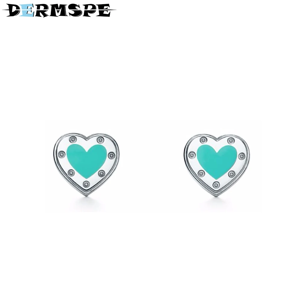 

DERMSPE S925 SilverTiffany Pure Silver Enamel Mini Love Heart pierced pin birthday present Women Earings Fashion Jewelry