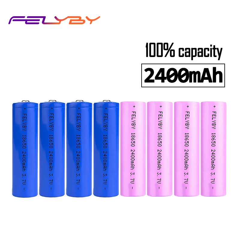 

FELYBY 100% Genuine 8PCS Blue Pink Safety 2400mAh 3.7V 18650 Lithium Rechargeable battery with USB charger