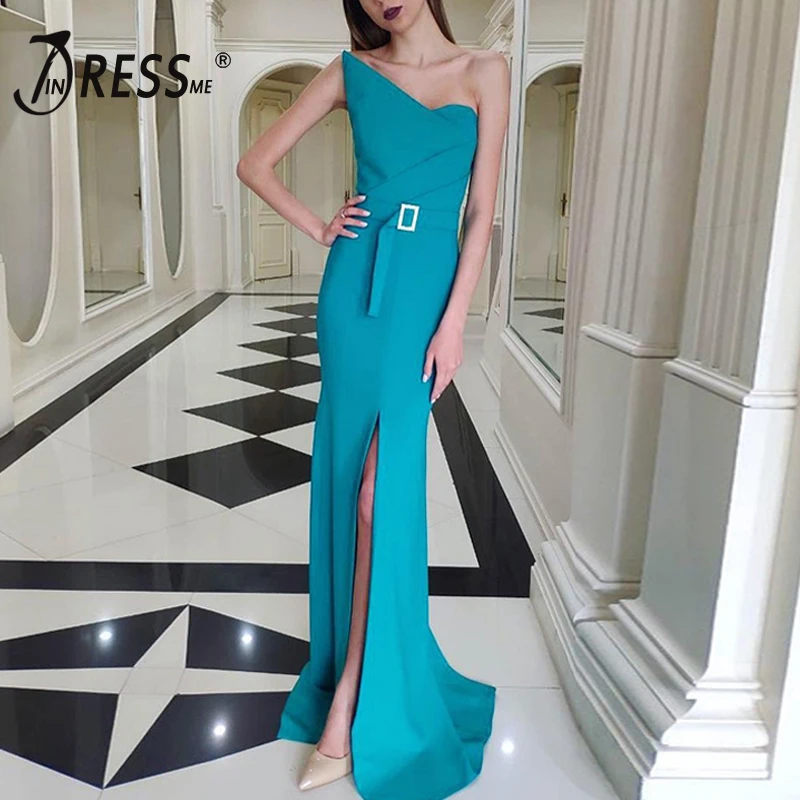

INDRESSME 2019 New Asymmetrical Neckline Strapless Sashes With Buckle Slit Maxi Dress Charming Party