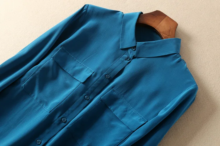 Шелк женская синяя/темно-синяя/фиолетовая блуза с длинным рукавом рубашка-2019ss женская рубашка Топ с двойными карманами