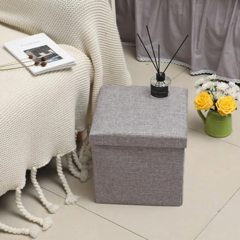 

Pure Color Imitation Linen Cardboard Storage Box, 2 in 1 Home Use Organizing Box and Stool