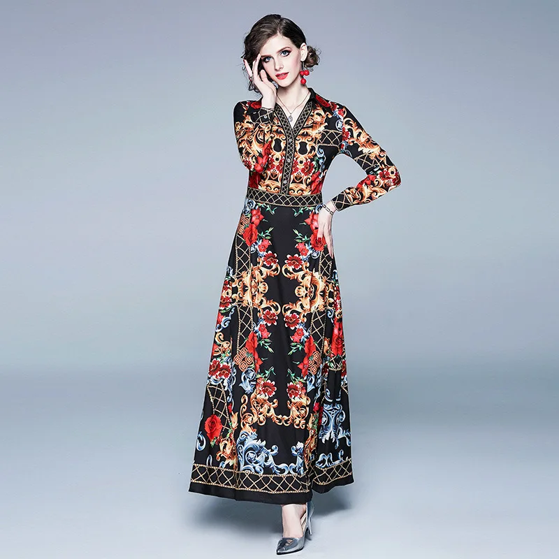 

2019 runway autumn women long sleeve floral printed long dresses female elegant vintage maxi dress party evening b047