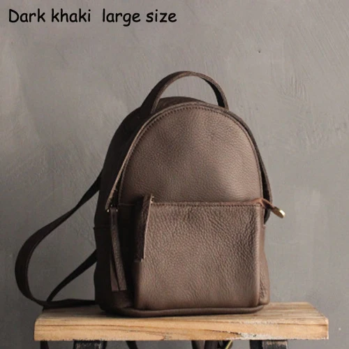 Новое поступление, маленький женский рюкзак из натуральной кожи, высокое качество, коровья кожа, маленькая школьная сумка для девочек, сумка через плечо - Цвет: Dark Khaki (Large)