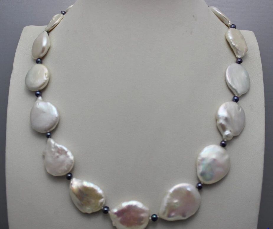 

FREE SHIPPING>>>@@ > N3343 white Coin-shaped fresh water pearl necklace 19INCH &3.5mm black beads