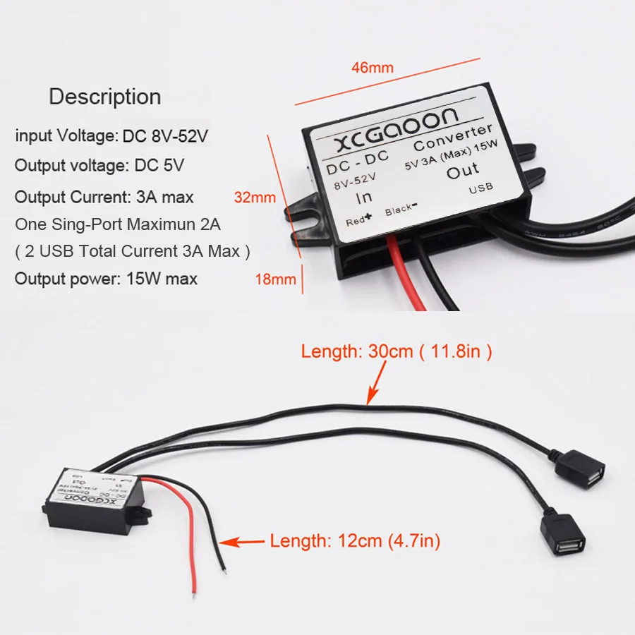 XCGaoon двойной 2 USB DC автомобильный модуль преобразователя кабель вход 12V 24V 48V (8V 5V) к