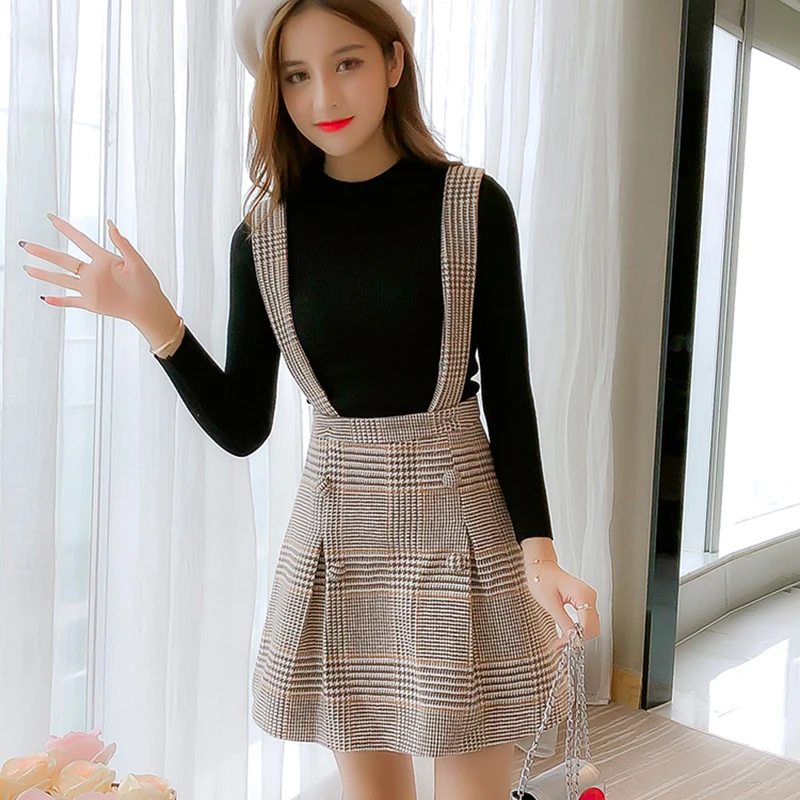 Korean Mini Suspender Skirts Women Autumn Fashion Pleated Plaid A Line