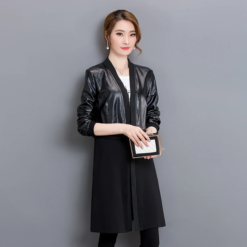 Модные женские Куртки из искусственной кожи, весна-осень, новая Длинная ветровка из искусственной кожи, корейские женские повседневные пальто большого размера A440