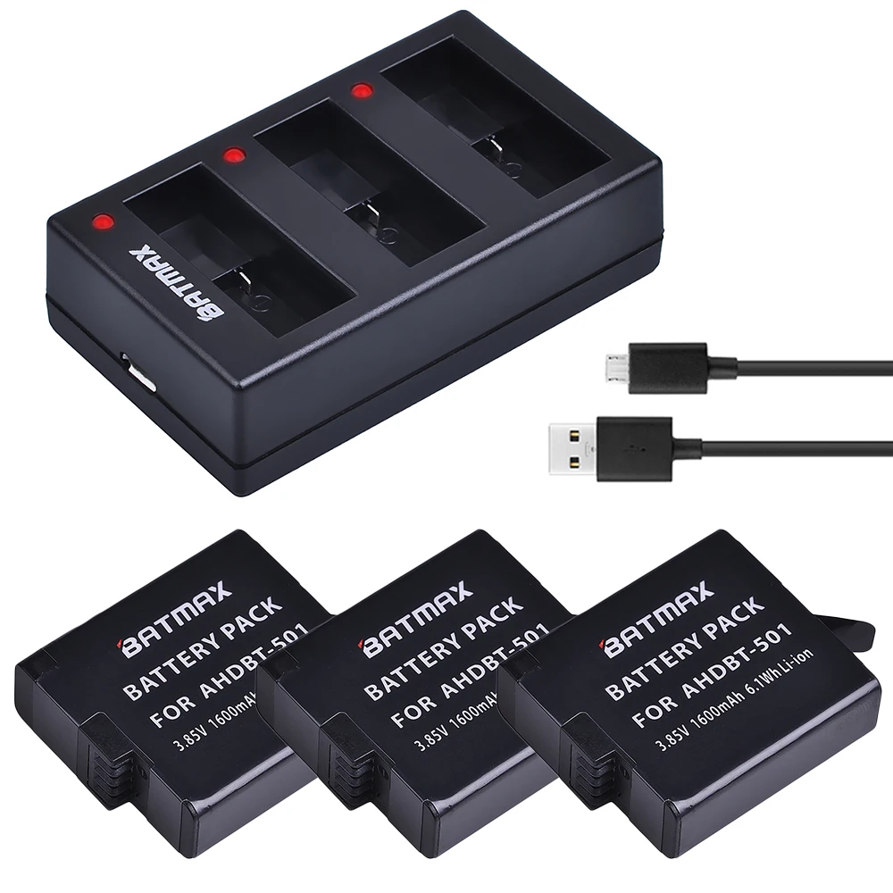 Billige Batmax 3 stücke AHDBT 501 AHDBT 501 Batterie + 3 Slots USB Ladegerät für GoPro Hero 5 Gopro 6 Gopro 7 neue Gopro 8 kamera