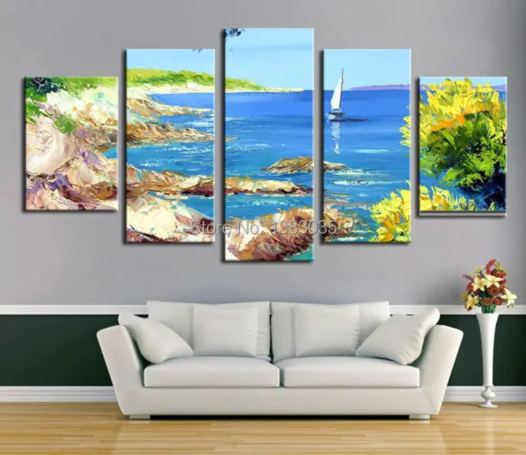 Hand Painted Abstract 5 Piece Landscape Wall Art Mediterranean Sea
