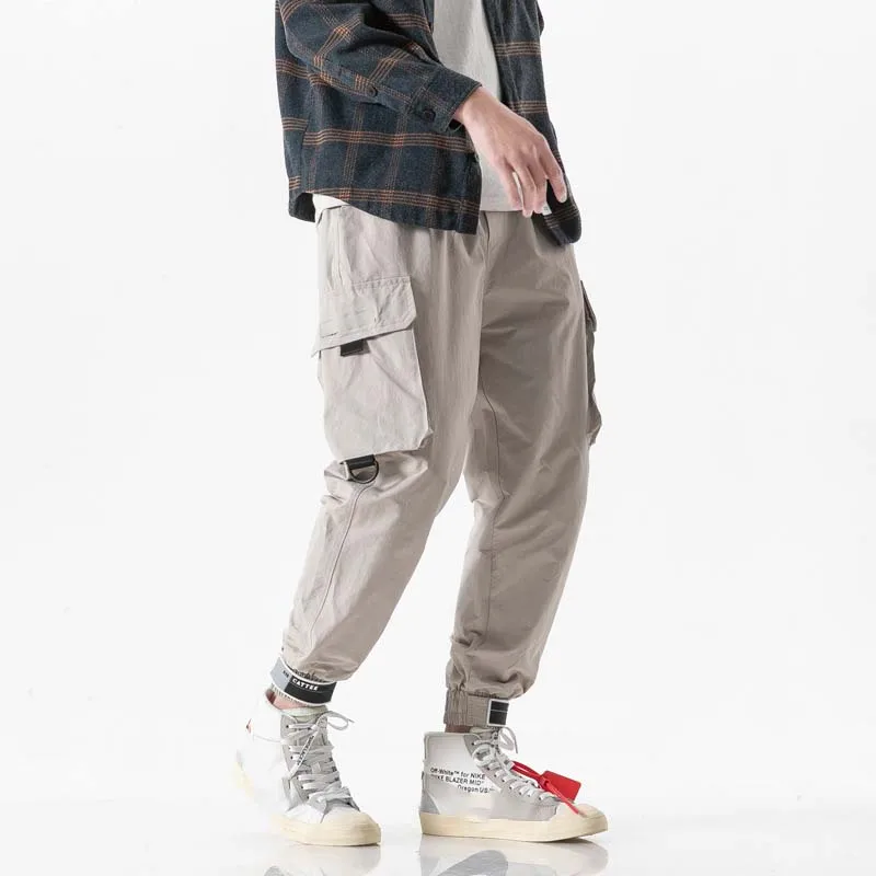 

outdoor 2019 Spring Autumn Cargo Elastic waist Multi Pocket Close foot harem cotton travel hiking Camping teenagers pants men