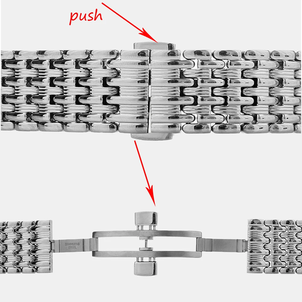 18 мм, 20 мм, 22 мм, нержавеющая сталь, Мужские Женские часы, ремешок, серебряный браслет, сменный мужской Т-образный ремешок, кнопка, скрытая застежка