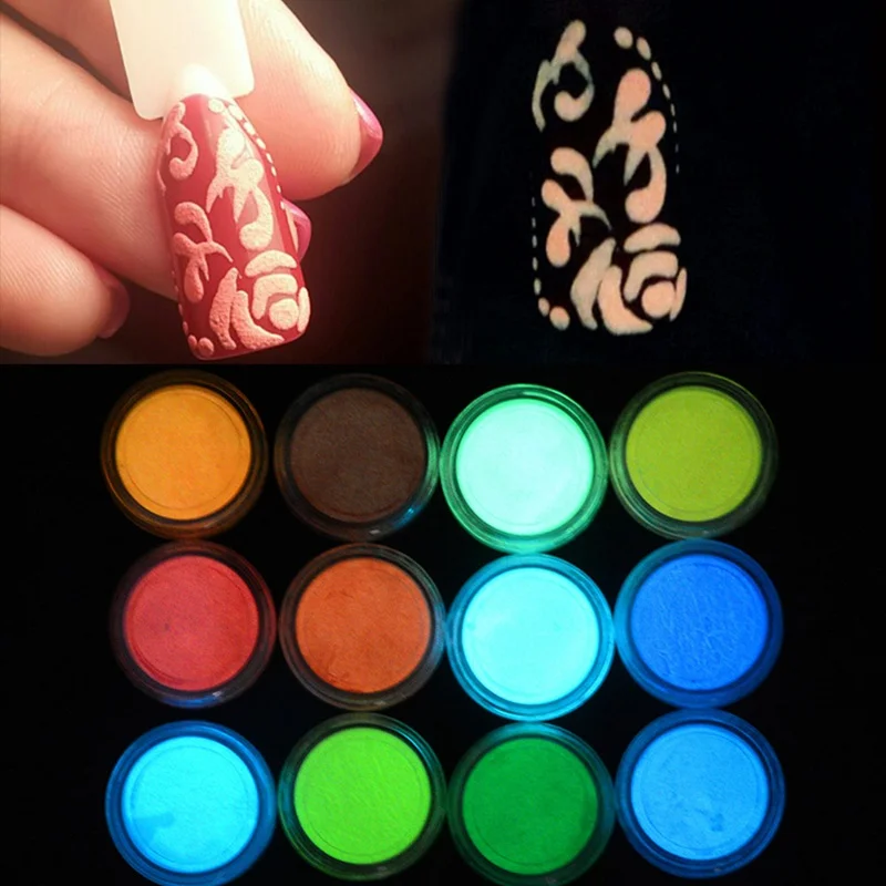 

1 Box Neon Phosphor Powder Nail Glitter Powder 12 Colors Dust Luminous Pigment Fluorescent Powder Nail Glitters Glow In The Dark