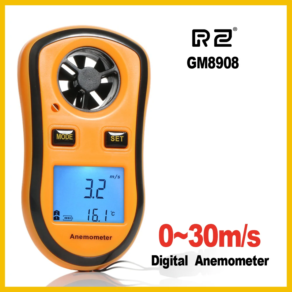 

RZ GM8908 Portable Anemometer Anemometro Thermometer Wind Speed Gauge Meter Windmeter 30m/s LCD Digital Hand-held Measure tool