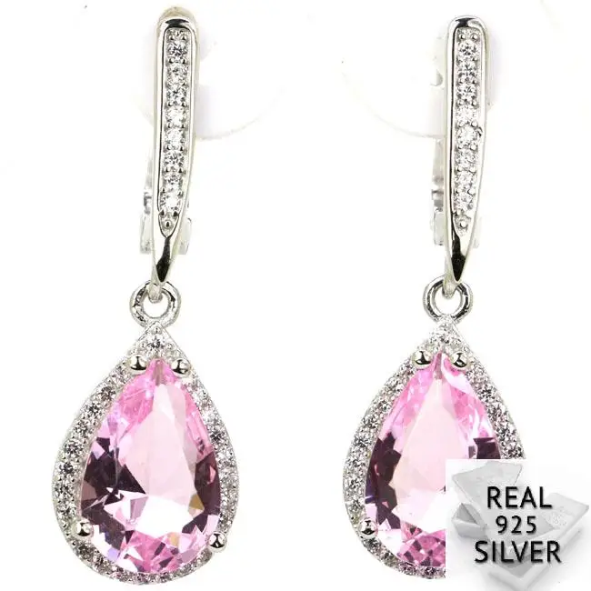 

6.1g Real 925 Solid Sterling Silver Classic Top Pear Shape Pink Kunzite CZ Woman's Earrings 34x10mm