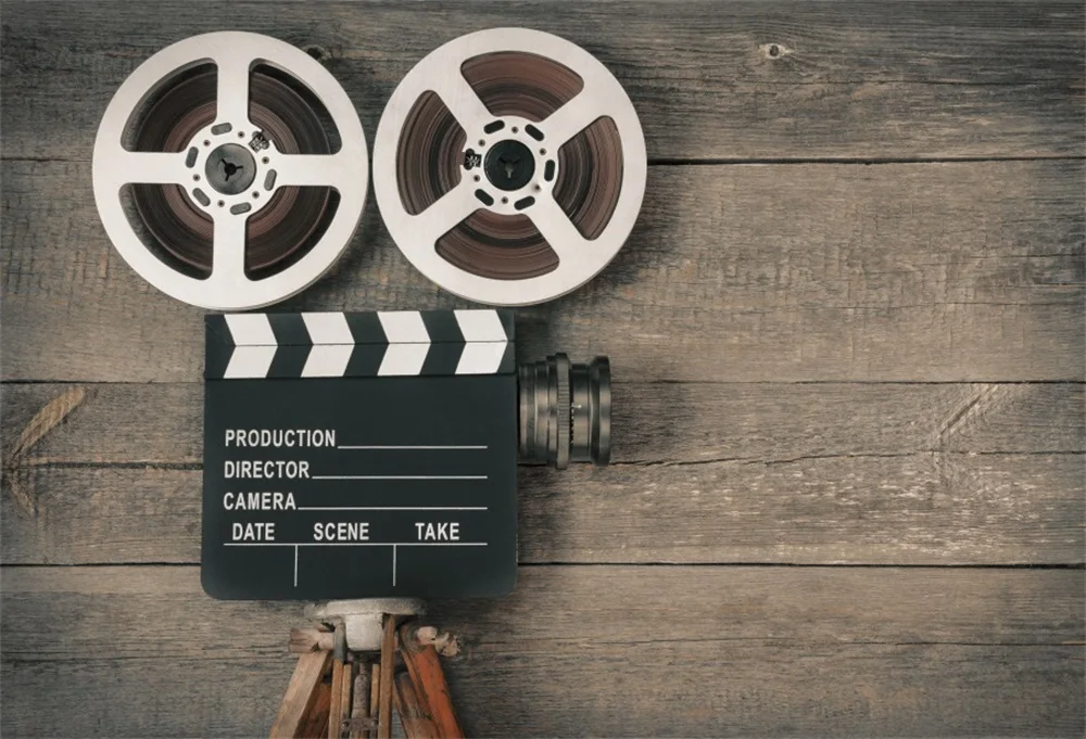

Old movie camera consisting of a tripod len film reels and clapperboard photo Background Photography Backdrops Quality Vinyl