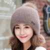 Gorros de felpa de conejo gorros de invierno para mujer gorros de moda dulce lindo casquillo de cobertura de lana de terciopelo sombrero de estudiante gorros de bola sombrero abrigado tejido ► Foto 3/6