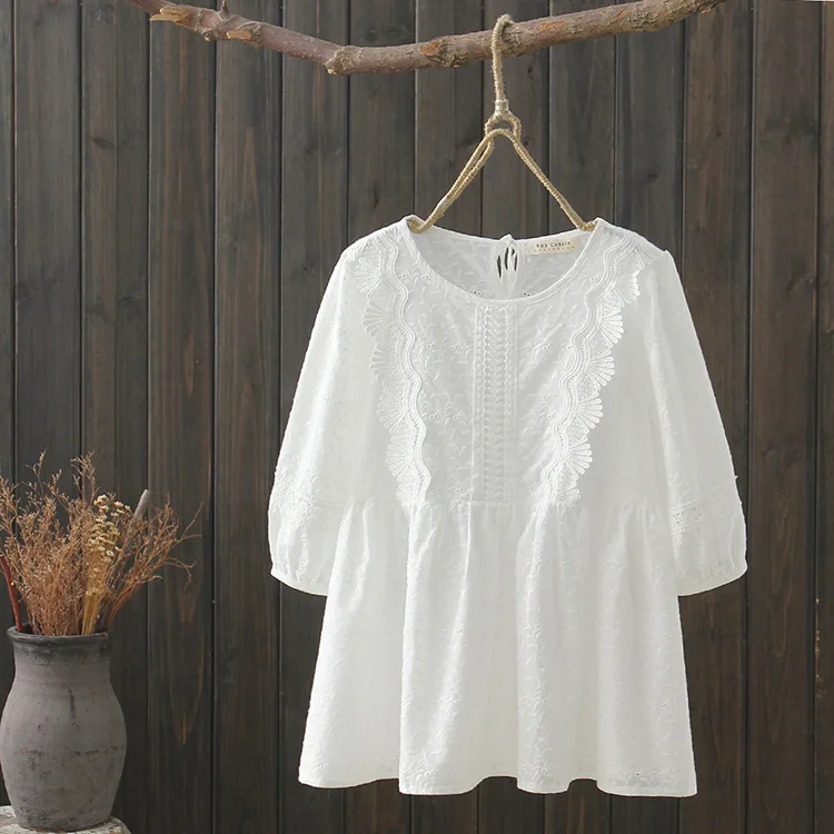

women clothes 2019 women summer Japanese style o neck three quarter sleeve sweet embroidery cotton blouse shirt camisas mujer