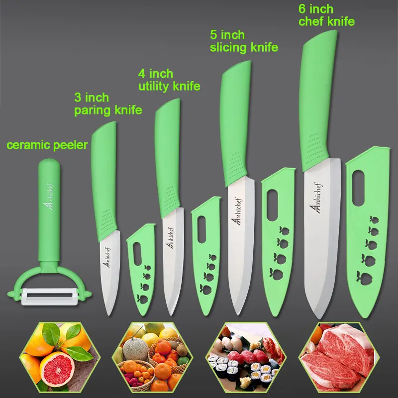Кухонные ножи, керамические ножи, поварские ножи, 3 дюйма, для очистки овощей, 4 дюйма, утилита, 5 дюймов, для нарезки, 6 дюймов, поварские ножи, кухонные инструменты, лезвия, ножи для овощей - Цвет: 4 Green Handle Set