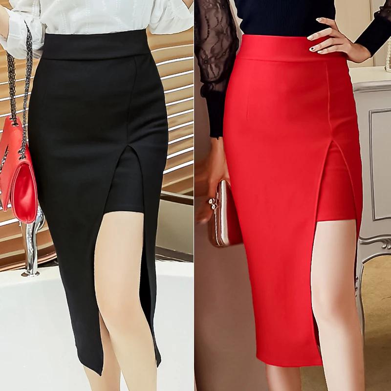 Новые поступления S-2XL 3XL 4XL 5XL Для женщин модные юбки высокая талия неровный подол пакет хип дамы красный черный партии юбка летняя