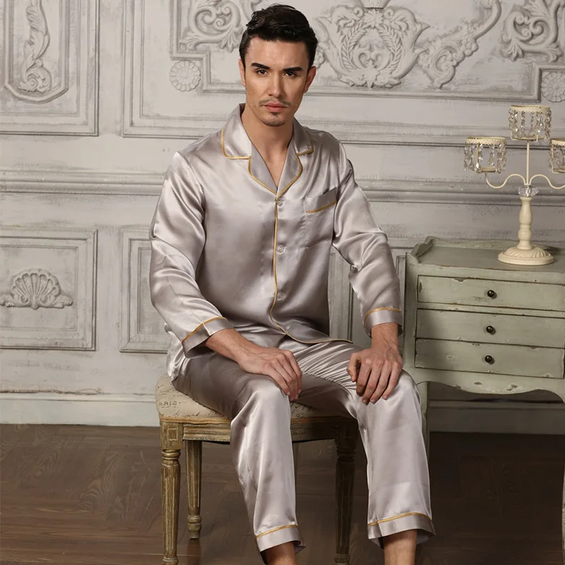 2019 New Genuine Silk Pajamas Man Two-Piece Sets 100% Silkworm Silk Sleepwear Male Comfortable Home Wear 16195