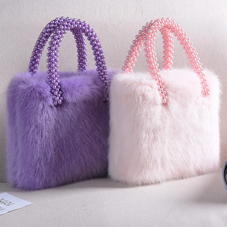 

Pearl Handle Hand Bag Faux Fur Women Totes 2018 Fashion Square Bag for Ladies