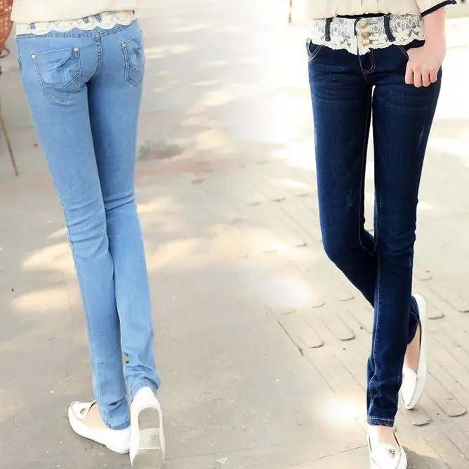 Бесплатная доставка модные джинсовые для женщин джинсы для хлопок эластичные джинсы кружево низкая талия Карандаш Стиль женс