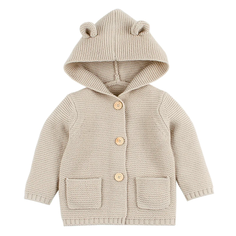Детские свитера для мальчиков и девочек; кардиган для новорожденных рисунок медведя для мальчика уха куртка с капюшоном осенние детские Повседневное с длинными рукавами, трикотажная одежда