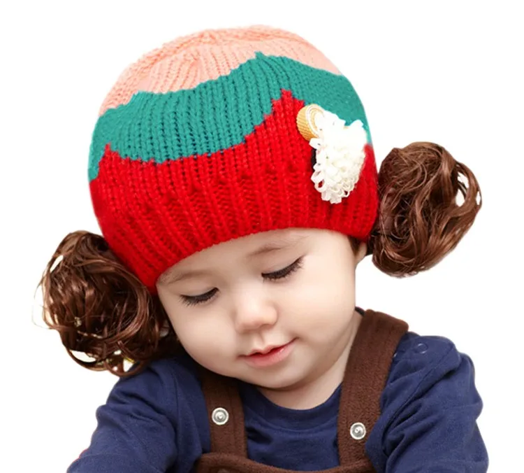 Вязаная шляпка для девочки, для детей 5-36 месяцев, волнистая кукла, парик, вязаная Цветочная зимняя шапочка для девочек, шапка с рисунком в стиле пэчворк