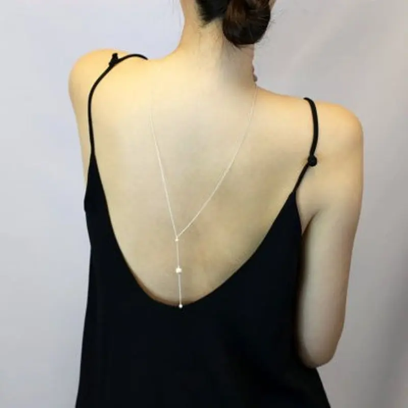 

2017 New Women Design Pearl Backdrop Necklace Silver Plated Back Body Chain Jewelry Wedding Backless Dress Accessories