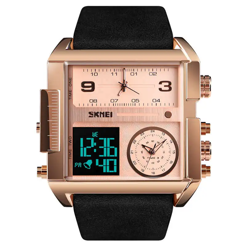 

SKMEi Men'S Quartz Watch Waterproof Leather Strap Square Large Dial Date Luminous Watch 1391