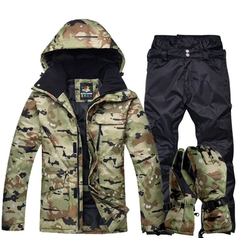

Winter Mens Mountain Skiing Suit Warm Hoody Jacket High Waist Snow Pants Snowboarding Suit Camouflage Military Camping Tracksuit