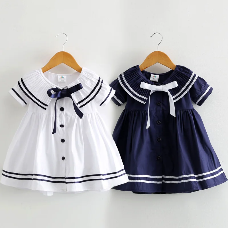 

2018 Summer 2 3 4 6 8 10 Years Children Cute Short Sleeve Botton Bow Sailor Collar Patchwork Little Kids Navy Blue Girls Dress