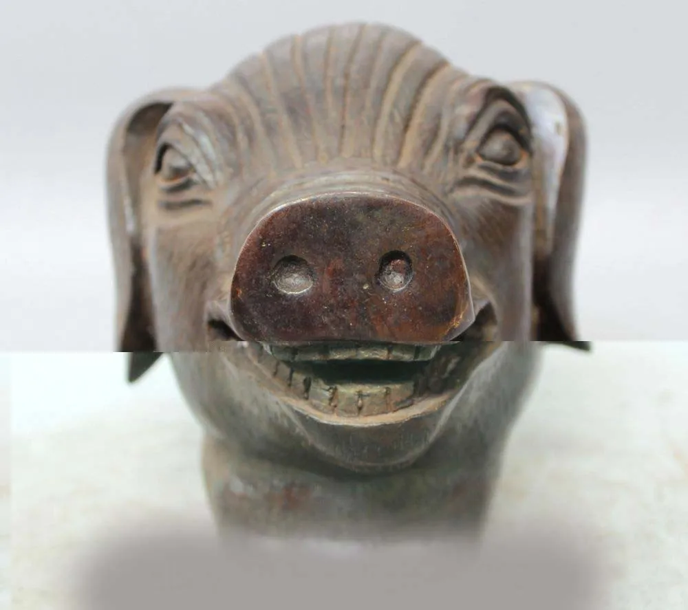 SD 7" Chinese FengShui Folk Bronze Zodiac Year Animal Pig Hog Head