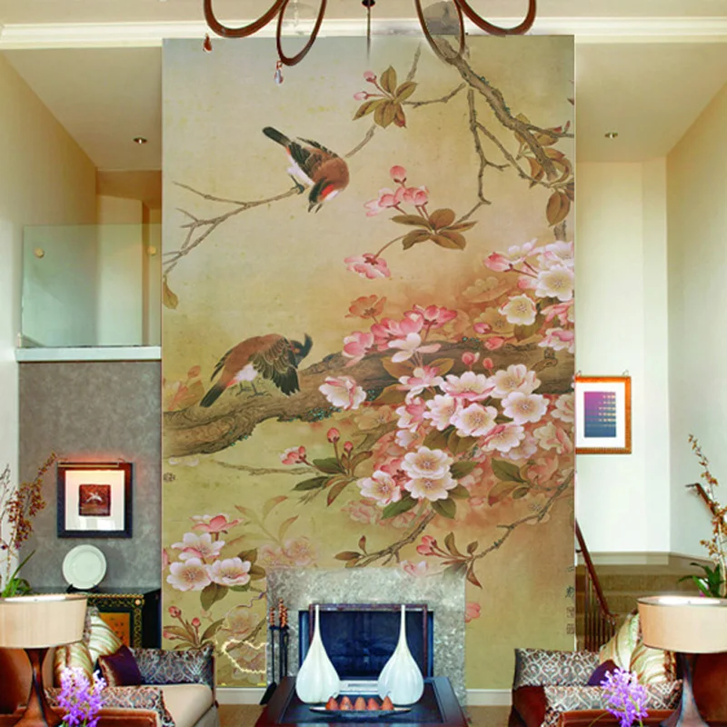 

Custom photo wallpaper 3D entrance hallway Chinese bird and flower wallpaper mural